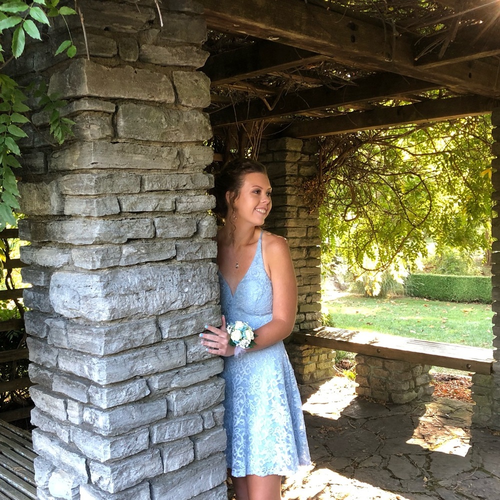 Baby blue lace homecoming dress